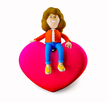 Girl Susie sits on a big heart. Valentine's Day. 3d illustration. 3d rendering