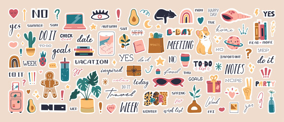 Big collection of trendy planner stickers for diaries and to do list. Cute weekly pictures and lettering, modern scheduler and organizer motivation quote. Colored vector flat cartoon illustration - obrazy, fototapety, plakaty