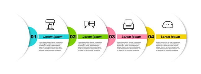 Set line Table lamp, Chest of drawers, Armchair and Big bed. Business infographic template. Vector.