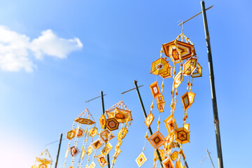 Hanging handmade hexagonal colorful knitting yarn flags. Colorful drape, Blown in the traditional...