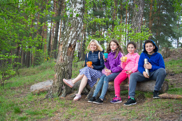 Spring in the woods sitting on a log and small children drink teа