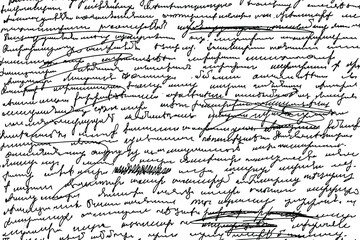 Grunge texture of unreadable handwritten text with corrections and strikethroughs. Illegible , sloppy, sloppy handwriting. Vector illustration. Overlay template.