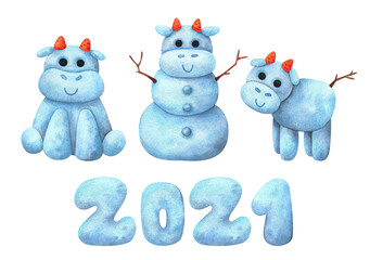 Snow bulls. A set of creative illustrations with the symbol of the new year 2021.