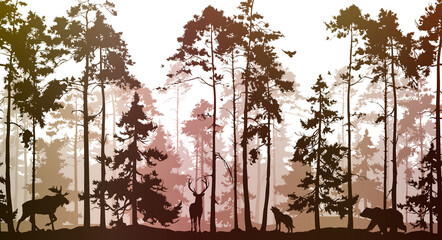 Seamless horizontal background with pine forest and animals: deer, bear, wolf, elk, owl and birds. Animals are separate from the background, you can move and delete them. - 396287014