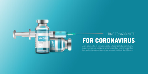 Creative design for Coronavirus vaccine vector background. Covid-19 corona virus vaccination with vaccine bottle and syringe injection tool for covid19 immunization treatment. Vector illustration.