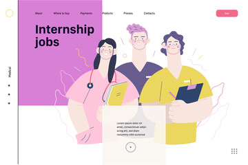 Medical insurance -internship jobs -modern flat vector concept digital illustration - young medical specialists standing together, team of interns concept, medical office or laboratory
