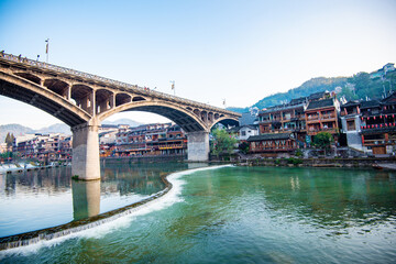 Scenery of old houses in Fenghuang City, Hunan Province, China. The ancient city of Fenghuang is regarded by UNESCO as a World Heritage Site.