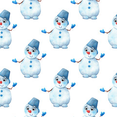 Christmas seamless pattern with a snowman on a white background. Endless print with new year's watercolor illustration. Children's, cartoon character