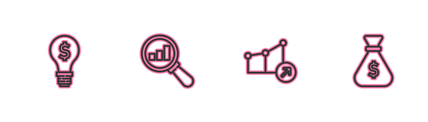 Set line Light bulb with dollar, Financial growth, Magnifying glass and analysis and Money bag icon. Vector.