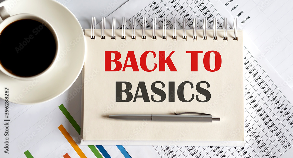 Poster notepad with the text back to basics on a light background, with coffee