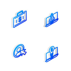 Set Isometric line Startup project concept, Briefcase and money, Create account screen and Light bulb with dollar laptop icon. Vector.