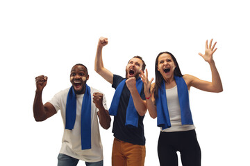 Together. Multiethnic soccer fans cheering for favourite team with bright emotions isolated on white background. Beautiful caucasian women look excited, supporting. Concept of sport, fun, support.