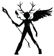 The child is a druid, a guardian of the forest, with a staff in his hand, he has deer horns, one wing, an animal leg, in places his body is woven from roots, a Raven sits on his shoulder. 2D illustrat