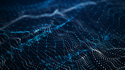 Abstract wave background with dots and lines moving in space. Technology illustration. Futuristic modern dynamic wave. 3d rendering.