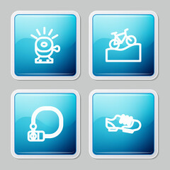 Set line Bicycle bell, Mountain bicycle, lock and shoes icon. Vector.