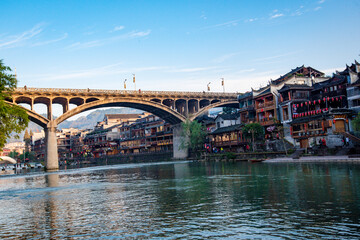 Scenery of old houses in Fenghuang City, Hunan Province, China. The ancient city of Fenghuang is regarded by UNESCO as a World Heritage Site.