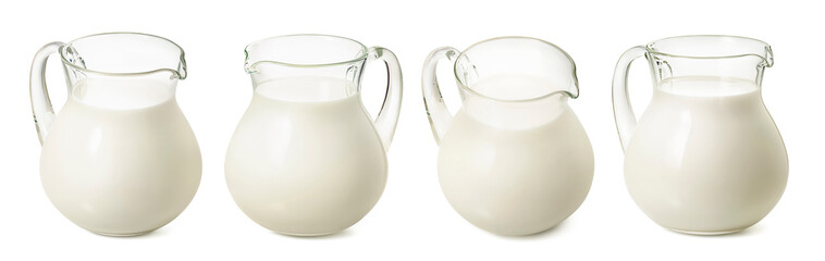 Set of milk jars isolated on white background. Glass pitchers for dairy products - obrazy, fototapety, plakaty
