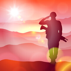 Silhouette of a solider saluting against the sunrise. Concept - protection, patriotism, honor.