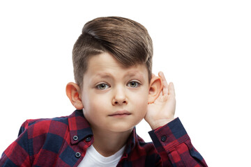 A boy with big ears is listening. Close-up. Isolated on white background.