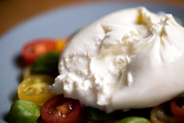Burrata cheese on colourful tomato and basil salad
