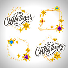 Merry Christmas card with hand drawn lettering and stars on dark background. Cute Holiday golden frame background