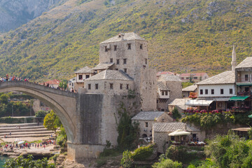 Obraz premium View of the tower of the Old Bridge in the Old Town of Mostar. Bosnia and Herzegovina