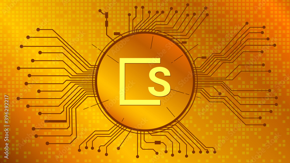 Wall mural skale cryptocurrency token symbol, skl coin icon in circle with pcb on gold background. vector illus