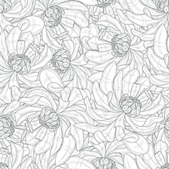Realistic peony flower seamless pattern sketch template. Cartoon chinese rose vector illustration in black and white for games, background, pattern, decor. Coloring paper, page, story book, print