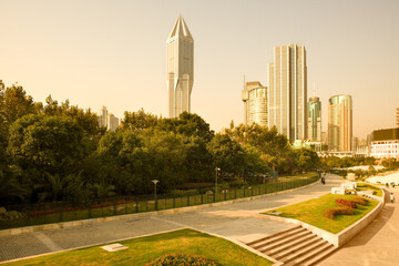 Fototapeta na wymiar CItyscape of Shanghai at People's Square park, China