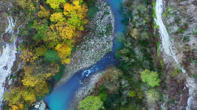Khosta river in Russia. Aerial view of the river of Khosta in Caucasus Mountains in Russia