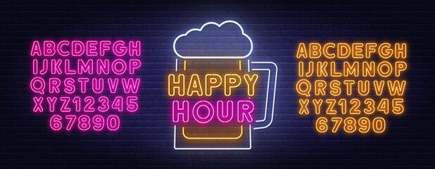 Happy Hour neon sign on brick wall background . Yellow and pink neon alphabets. Template for the design.