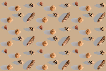 natural pattern in pop art style, geometric seamless pattern for designer, fir, pine cones, walnut...