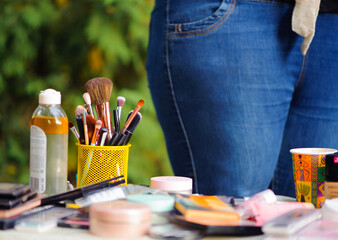 set for cosmetics brushes in a basket