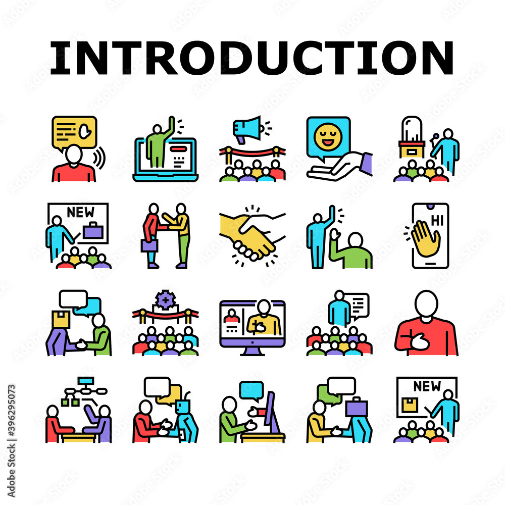 Poster introduction speech collection icons set vector. new product and business case presentation, employe