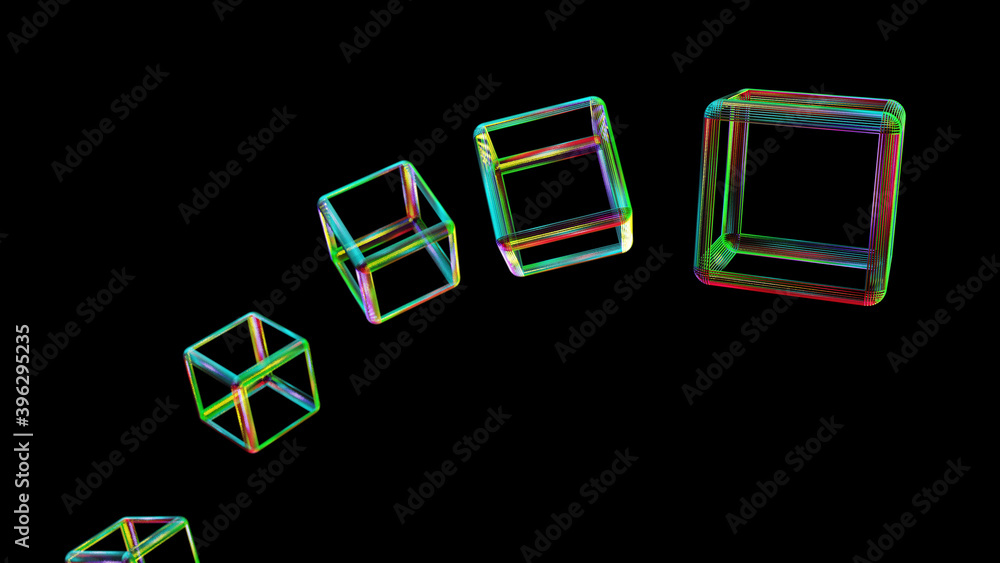 Poster wire cube floating on black background defocuses object behind the main cube. abstract design colorf