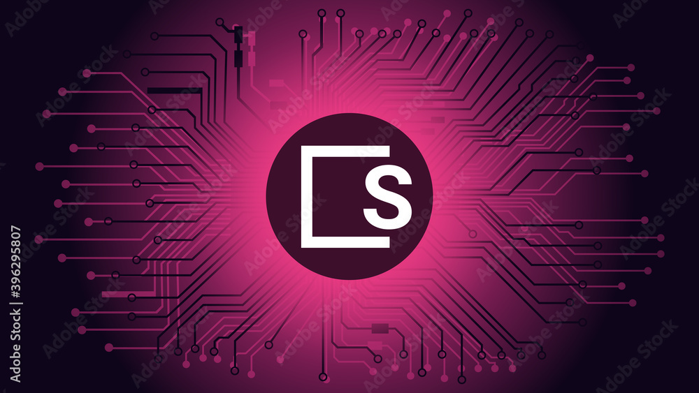 Wall mural skale skl cryptocurrency token symbol. coin icon in circle with pcb on red background. vector illust