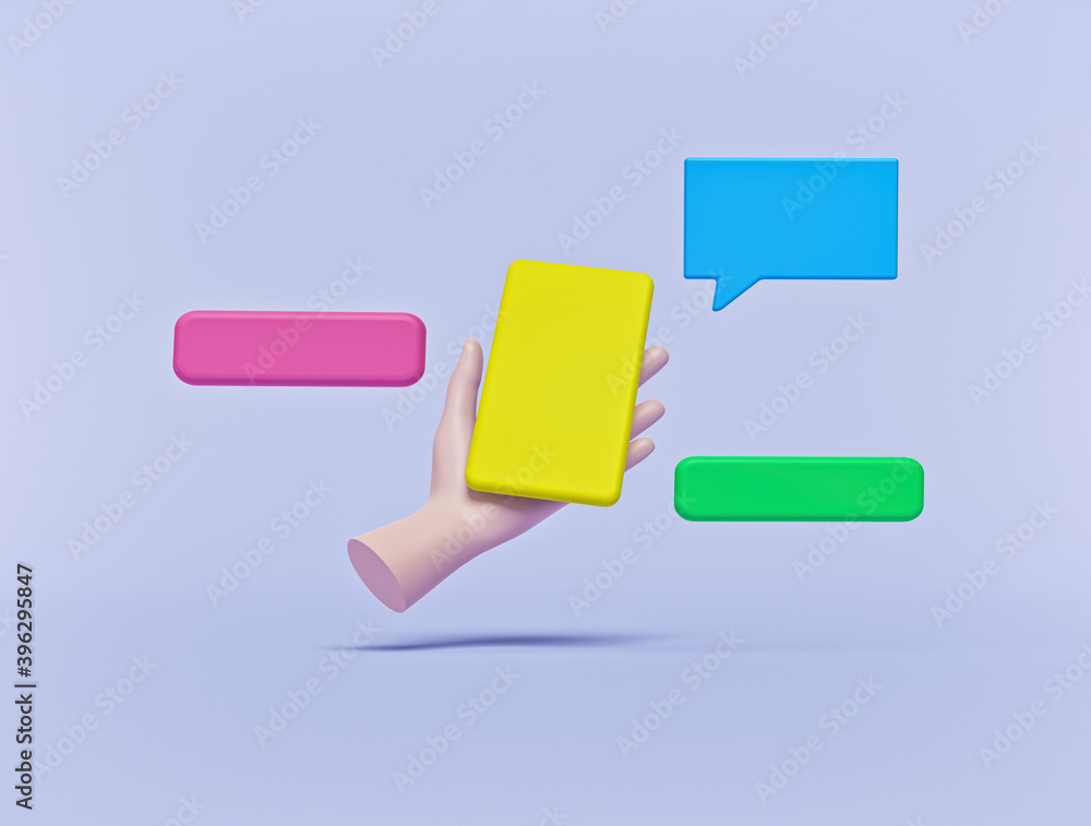 Poster mannequin hands holding smartphone with floating icons. future technology concept. minimal smart dev