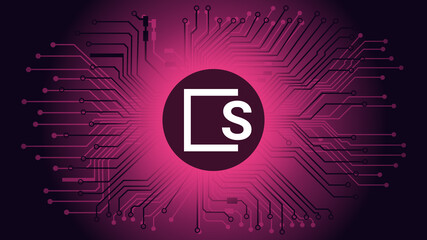 SKALE SKL cryptocurrency token symbol. Coin icon in circle with pcb on red background. Vector illustration in techno style for website or banner.