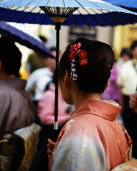 japanese young women wearing kimono in nagasaki kunchi festival