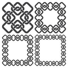 Set of square frames, rectangular patterns. 4 decorative elements for design with stripes braiding borders. Black lines on white background.