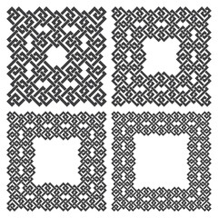 Set of square frames, rectangular patterns. 4 decorative elements for design with stripes braiding borders. Black lines on white background.