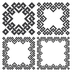 Set of square frames, rectangular patterns. 4 decorative elements for design with stripes braiding borders. Black lines on white background.
