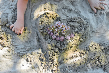 a child made of sand made a heart shape and decorated with flowers, handmade for mom