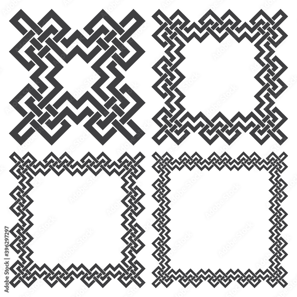 Poster set of square frames, rectangular patterns. 4 decorative elements for design with stripes braiding b
