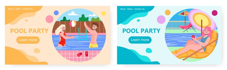 Obraz na płótnie Canvas Summer pool party vector concept illustration. People enjoy vacation and drink beer by swimming pool. Young woman and man dance and swim