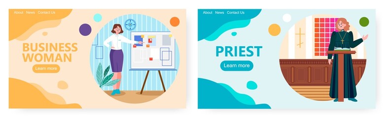 Business woman making presentation and pointing at the board. Concept vector illustration. Female priest preaching sermon in catholic church. Woman presents business plan - obrazy, fototapety, plakaty
