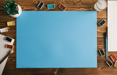 Flat lay Art designer color workspace . Creative top view with copy space blue