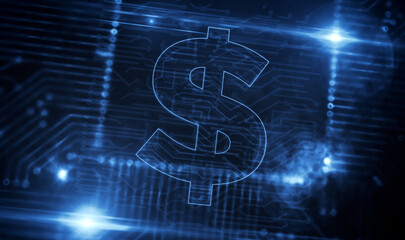 Fototapeta premium Processor factory with burning Dollar money business symbol 3d illustration