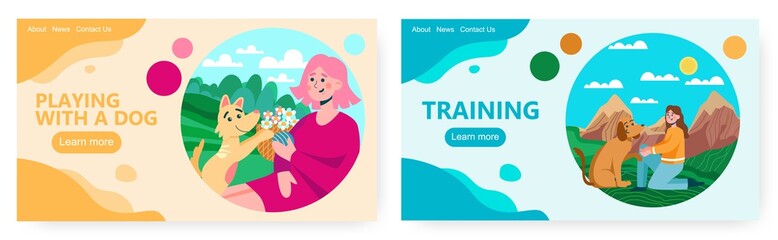 Dog brings flowers to her owner. Woman walks with dog vector illustration. Nature outdoor walk with pet