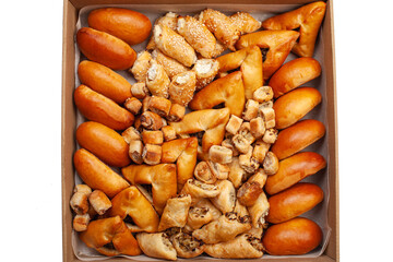 Boxing with food, cardboard box with snacks, home delivery. Catering. Gift for any holiday. Ready family dinner, party food.